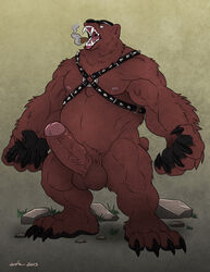 2013 angry anthro balls bear biceps big_muscles black_nose brown_fur chubby cigar claws erection fangs fur glowing_eyes halloween harness holidays leather male male_only manspreading muscles nipples nude open_mouth paws pecs penis penis_holding solo spreading teeth toe_claws uncut vein werebear wfa