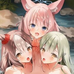 1boy 3girls ai_generated bang_dream! bang_dream!_it's_mygo!!!!! blue_archive blush collarbone completely_nude cooperative_fellatio cum cum_on_face cum_on_hair ejaculation face_focus female_focus from_above halo highres looking_at_viewer niko_(blue_archive) onsen oral outdoors penis penis_juice penis_lick stone sweat teamwork_(sexual) tongue_out umamusume umamusume_pretty_derby uncensored wakaba_mutsumi yamanin_zephyr_(umamusume)