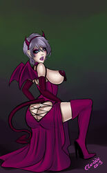 2013 ass boots costume demon_tail dress earrings ell_(superguest) elwinne fangs no_panties pasties purple_hair tail thighhighs vampire wings