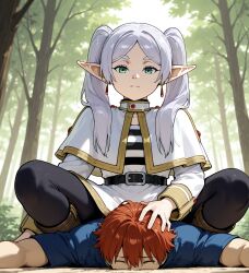 ai_generated clothed earrings elf elf_female female femdom forest frieren frieren_beyond_journey's_end green_eyes male neutral_expression outdoors small_breasts twintails white_hair