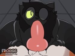 ambiguous_gender animal_genitalia animal_penis animated black_body black_fur blitz_(gayerblitz) canine_genitalia canine_penis domestic_cat eyewear felid feline felis first_person_view froogg fur genitals glasses green_eyes hi_res knot knot_in_mouth looking_at_viewer male mammal nonbinary_(lore) oral oral_penetration penetration penis wearing_glasses