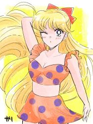 1girls adult_swim alluring arm_up bikini bikini_top_only bishoujo_senshi_sailor_moon bishoujo_senshi_sailor_moon_r bishoujo_senshi_sailor_moon_r_the_movie bishoujo_senshi_sailor_moon_s bishoujo_senshi_sailor_moon_s_the_movie bishoujo_senshi_sailor_moon_supers bishoujo_senshi_sailor_moon_supers_the_movie blonde_hair bow cleavage closed_mouth collarbone commentary dot_mouth frilled_bikini frills hairbow high_res karikaridaka long_hair minako_aino one_eye_closed orange_bikini orange_skirt polka_dot polka_dot_bikini polka_dot_pareo polka_dot_skirt polka_dot_swimsuit red_bow signature skirt swimsuit symbol-only_commentary toei_animation toonami