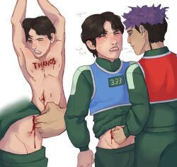 blood blood_on_hand carving clothed hard_on lee_myung-gi male male/male male_only masochism name_carving sadism squid_game thanos_(squid_game) wound_fingering wound_penetration wounded