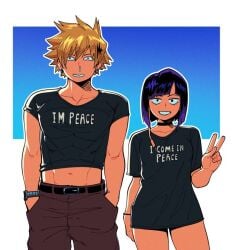 1boy abs alternate_costume audio_jack belt black_belt black_choker black_eyes black_shirt blonde_hair brown_pants choker clothes_writing clothing collarbone crop_top cropped_shirt denki_kaminari english_text female grin hands_in_pockets inverted_bob jewelry kyoka_jiro looking_at_viewer male midriff my_hero_academia navel no_pants pants purple_hair shirt short_hair short_sleeves shorts smile spiked_hair standing suoiresnu t-shirt teeth toned v watch