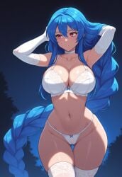 1girls ai_generated arms_up bare_shoulders blue_hair bow_panties cameltoe choker civitai cleavage collarbone dizzy_(guilty_gear) elbow_gloves forest forest_background guilty_gear hair_between_eyes hands_in_hair hips large_breasts lingerie lingerie_bra long_sidelocks looking_away navel night outdoors panties parted_lips queen_dizzy red_eyes sidelocks single_braid thigh_gap thighhighs very_long_braid very_long_hair walking white_bra white_choker white_elbow_gloves white_panties white_thighhighs wide_hips
