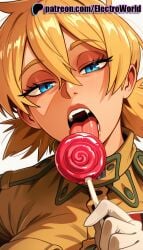 1girls 2025 ai_generated artist_name blonde_hair blue_eyes candy electroworld fellatio_gesture female food gloves half-closed_eyes hellsing hi_res high_quality high_resolution highres lollipop oral_invitation patreon patreon_username seras_victoria short_hair solo stable_diffusion tongue tongue_out watermark white_gloves