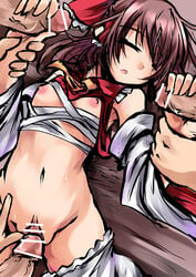 ascot bloomers bloomers_(victorian) bloomers_pull blush breasts brown_eyes censored closed_eyes clothed_sex clothing detached_sleeves female guided_handjob handjob hemogurobin_a1c imminent_rape navel nipples open_mouth penis prodding pussy reimu_hakurei restrained sarashi shirt_lift sleep_molestation sleeping small_breasts solo_focus touhou underwear