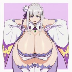 ai_generated amiamia emilia_(re:zero) goghkunn hanging_breasts huge_breasts huge_thighs thick_thighs wide_hips