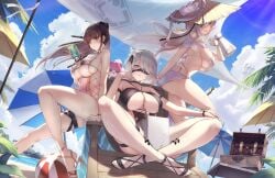2b_(nier:automata) 3girls alternate_costume ball beach beach_chair beach_umbrella beachball bikini black_bikini black_hair blindfold_pull blood_edge_(stellar_blade) blue_eyes bracelet breasts brown_eyes can company_connection cross-laced_clothes cross-laced_one-piece_swimsuit crossover doro_(nikke) dorothy_(nikke) drink_can eve_(stellar_blade) feet female flower gainoob goddess_of_victory:_nikke grey_hair hair_flower hair_ornament hat high_heel_sandals highres holding holding_can jewelry large_breasts legs long_hair looking_at_viewer mole mole_under_mouth multiple_girls nier:automata nier_(series) oasis one-piece_swimsuit outdoors pearl_bracelet phonograph pink_one-piece_swimsuit pod_(nier:automata) ponytail purple_bikini purple_sarong sandals sarong scarlet_(nikke) shift_up short_hair stellar_blade strappy_heels straw_hat swimsuit toes umbrella underboob very_long_hair yellow_eyes
