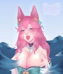 ahri ahri_(league_of_legends) ahri_\\\\\\\\(league_of_legends\\\\\\\\) big_breasts blue_eyes breast_squish breasts breasts_bigger_than_head breasts_out breasts_out_of_clothes choker drool_on_breasts drool_on_face drool_string drooling eye_contact eyelashes eyeshadow face_markings facepaint fox fox_ears fox_girl fox_humanoid fox_tail hair_accessory hair_decoration hair_down hot kimono kimono_down kimono_partially_removed league_of_legends league_of_legends:_wild_rift leaguewaifus nine_tailed_fox nipple_play nipple_tweak nipples nipples_out pink_hair seductive seductive_eyes seductive_gaze seductive_look seductive_pose spirit spirit_blossom_ahri spirit_blossom_series tail tongue tongue_out