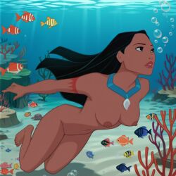 1girls 2d 2d_(artwork) accurate_art_style ai_generated air_bubbles areolae arm_tattoo black_eyes black_hair breasts bubbles completely_naked completely_naked_female completely_nude completely_nude_female coral dark-skinned_female dark_hair dark_skin disney diving female female_focus female_only fish freediving naked naked_female native_american native_american_female necklace necklace_only nipples nude nude_female pocahontas pocahontas_(character) red_lips red_tattoo sand sea skinny_dipping solo sunlight_rays sunshine swimming tattoo thighs underwater underwater_scenery uzzlegorf