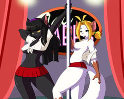 anthro areola black_fur black_hair blonde_hair blue_eyes breasts brown_fur clothing dancing edit feline female fur furry hair las_lindas nipples pole pole_dancing pussy rachael_saleigh sarah_silkie shirt skirt white_fur yellow_eyes