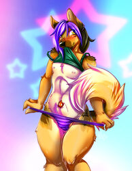 2013 amber_eyes anthro black_hair black_nose canine furry girly hair inuki long_hair male male_only nipples penis piercing pointy_ears purple_hair sheath solo tamaskan_dog thong val_mal