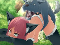 animal_ears breasts cat_ears catgirl cum female feral green_eyes hair hatsuen_kikan human interspecies nude red_hair tears zoophilia