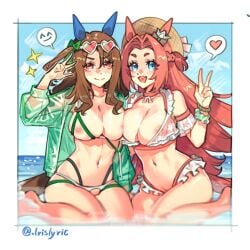 2girls alternate_costume animal_ears areola_slip baobao771100 bikini blue_sky blush breast_press breasts brown_hair brown_hat cleft_of_venus commentary_request crotchless crotchless_bikini cupless_bikini day ear_covers eyewear_on_head frilled_bikini frills green_jacket hair_intakes hat heart heart-shaped_eyewear horizon horse_ears horse_girl horse_tail jacket kawakami_princess_(umamusume) king_halo_(umamusume) large_breasts long_hair looking_at_viewer multiple_girls navel nipples ocean open_clothes open_jacket open_mouth pussy sky smile spoken_heart stomach sun_hat swimsuit symmetrical_docking tail thighs umamusume v-shaped_eyebrows w white-framed_eyewear