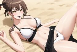 ai_generated akeha amber_eyes beach bikini black_lips black_lipstick black_sarong brown_hair female looking_at_viewer lying nier nier_reincarnation sarong shoulder_tattoo smile tattoo white_bikini yellow_eyes