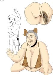 :d all_fours animal_ears anthro ass batro bikini breasts cleavage clothing collar female grey_hair huge_ass huge_breasts large_breasts male mature mature_female mother mother_and_son navel old open-mouth_smile open_mouth shorts smile son swimsuit thick_thighs thighs waving what