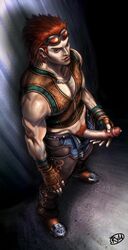 1boy big_penis cum hwoarang male_only monster_cock muscle outside partially_clothed penis precum public solo tekken