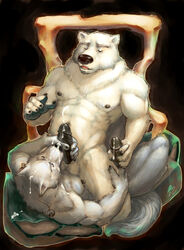 2boys anthro balls bear biceps canine couple cum erection fur furry gay handjob male male_only no_humans pecs penis plain_background pockyrumz polar_bear rum-locker white_fur wolf yaoi