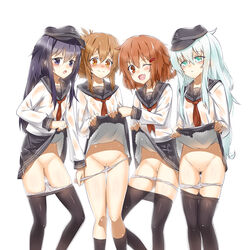 4girls akatsuki_(kantai_collection) black_hair black_legwear blue_eyes bobomaster brown_eyes brown_hair hair_ornament hat hibiki_(kantai_collection) highres ikazuchi_(kantai_collection) inazuma_(kantai_collection) kantai_collection long_hair multiple_girls nipples open_mouth panties panty_pull pantyhose pantyhose_pull personification pussy school_uniform see-through serafuku sheer silver_hair skirt skirt_lift underwear wink