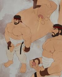 1boy absurdres bara barefoot beard closed_eyes clothes_pull clothing_aside commentary english_commentary facial_hair foreskin full_beard fundoshi fundoshi_aside glensaru headband highres japanese_clothes large_pectorals male_focus multiple_views muscular muscular_male nipples pants pants_pull pectorals peeing penis pubic_hair pubic_hair_peek red_headband ryu_(street_fighter) short_hair street_fighter thick_arms topless_male urine