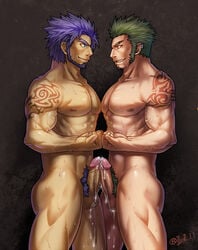 2boys bara beard blue_eyes blue_hair cum frottage gay green_hair male male_only multiple_boys muscle muscles okami_(id=1307059) penis penises_touching red_eyes yaoi