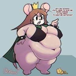 1girls anthro belly belly_overhang bottomless bottomless_female bracelet breasts brown_hair cape cheese cleavage crown dirtann english_text fat female female_focus female_only furry hand_on_hip large_breasts mouse nipple_bulge overweight overweight_female rat rodent rodent_humanoid spiked_bracelet stomach text weight_gain
