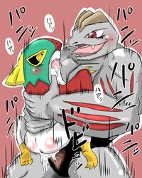 ambiguous_gender ass avian blush censored cum denbukuro hawlucha machoke male nintendo open_mouth penis pokemon pokemon_(species) red_eyes saliva spread_legs spreading talons tongue tongue_out video_games yellow_eyes