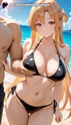 1boy 1girls 2025 ai_assisted ai_generated anime artist_name asuna_(sao) beach big_breasts big_chest bikini black_bikini blue_sky blush braid breast breasts brown_eyes brown_hair bust busty chest cloud day explicit female hi_res high_quality high_resolution highres large_breasts long_hair navel ocean outdoors patreon patreon_username shore side-tie_bikini side-tie_panties sky skypassion smile stable_diffusion straight swimsuit sword_art_online very_long_hair water watermark wet yuuki_asuna