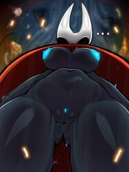 1girls anthro ass_visible_through_thighs belly black_body black_eyes cloak denva9 down_angle female_only glowing_genitalia hollow_knight hollow_knight:_silksong hornet_(hollow_knight) horns nipples pov pussy shiny_skin sweat thick_ass thick_thighs