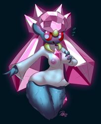 2013 anthro anthrofied breasts clothed clothing crystal diancie dress elpatrixf eyelashes female grasp half-dressed hand_on_breasts looking_away nintendo nipples open_mouth plain_background pokemon pussy red_eyes shadow shiny solo standing teal_background tongue video_games white_eyes