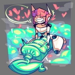 2025 big_penis breeding_mount condom condom_balloon digital_media_(artwork) erection filled_condom genitals glans_outline glistening_condom green_condom grin hair heart_symbol hi_res huge_cock humanoid humanoid_genitalia humanoid_penis hyper hyper_genitalia hyper_penis kneeling looking_pleasured lottieplus machine male male_humanoid masturbation musk musk_clouds not_furry penile penile_masturbation penis pink_hair pseudo_hair robot robot_humanoid sexual_barrier_device shaded shamrock_(polynian) smile solo white_body wide_hipped_humanoid wide_hipped_male wide_hips