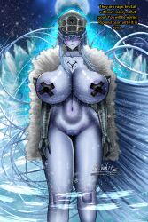 a.white akame_ga_kill! angry coat coat_on_shoulders coat_only crystal english_text esdeath_(akame_ga_kill!) fire gigantic_breasts gloves hat huge_breasts ice large_breasts long_hair massive_breasts moon nipple_covers patreon_link patreon_url pussy_covered snow thicc thick_female thick_legs walking watermark wide_hips wind winter