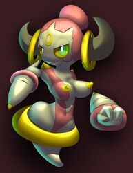 1girls areolae blush breasts claws elpatrixf erect_nipples female female_only green_eyes grey_skin grin hoopa hoopa_(confined) horns large_breasts navel nintendo nipples no_legs pokemon ring solo topless video_games wide_hips yellow_sclera