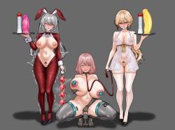 3girls anal_beads anal_beads_tail angry blonde_hair blush bob_cut braid breasts bunny_ears bunnysuit clenched_teeth collar collarbone commander_(girls'_frontline) dildo emphasis_lines fake_animal_ears female_commander_(girls'_frontline) female_masturbation female_only fingering girls'_frontline girls'_frontline_2:_exilium golbang69_74 grey_hair groza_(girls'_frontline_2) headband holding huge_breasts krolik large_breasts leash long_hair lube lube_bottle masturbation mechanical_arm mechanical_leg medium_hair nipple_insertion nipples nude number number_tattoo open_mouth ots-14_(girls'_frontline) red_eyes reverse_bunnysuit sex_slave sex_toy shrug_(clothing) smile squatting teeth tray yellow_eyes