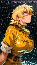 1girls 2025 ai_generated artist_name blonde_hair blue_eyes bouncing_breasts electroworld emphasis_lines english_text female hellsing hi_res high_quality high_resolution highres motion_lines orange_jacket patreon patreon_username rain raincoat seras_victoria short_hair solo speed_lines stable_diffusion sweating_profusely trembling watermark wet wet_clothes wet_hair wet_shirt