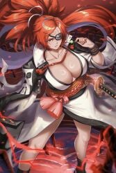 1girls amputee baiken big_breasts big_hair boots breasts burnt_green_tea cleavage dango eyepatch facial_tattoo female female_only food guilty_gear highres holding holding_food japanese_clothes kataginu katana kimono large_breasts long_hair multicolored_kimono one-eyed open_clothes open_kimono ponytail red_eyes red_hair samurai scar scar_across_eye scar_on_face solo sword tattoo torn_sleeve wagashi weapon
