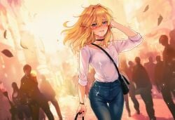 after_sex ai_art ai_generated almond_eyes aroused black_nails blouse blue_eyes blush choker city crossdressing crowd cum_on_clothes cum_on_face cum_on_lips cum_on_pants cum_stain cumwalk drooling earrings embarrassed excited exhibitionism femboy feminine_male feminization getting_caught girly girly_boy golden_hair hand_in_hair handbag high_heels hylian hylian_ears jeans leaves link link_(breath_of_the_wild) link_(tears_of_the_kingdom) long_hair luxica nail_polish nintendo novelai pastel pastel_colors public public_humiliation public_indecency rule_63 shirt shy slender_body stained_clothes stains street summer sunset the_legend_of_zelda tight_clothing trap trembling triforce twink warm_colors warm_lighting wind