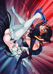 2girls abuse areola armor ass bakuzan bikini_armor black_hair blood blue_eyes breasts catfight cleavage combat female female_only fight fighting garter_straps high_heel_boots high_heels highlights junketsu kick kicking kill_la_kill kiryuuin_satsuki long_hair matoi_ryuuko nipples scissor_blade senketsu shadman short_hair siblings sisters skirt suspenders sword thighhighs thong two_tone_hair underboob voluptuous wardrobe_malfunction weapon wink