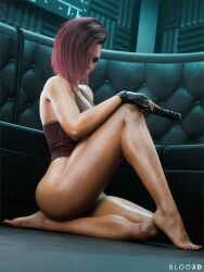 1girls 2025 3d ass big_ass black_nail_polish black_toenail_polish bloo3d bottomless bottomless_female cat_eyeliner crop_top cybernetics cyberpunk_2077 feet female female_only full_body gun holding_gun holding_pistol holding_weapon indoors lisptick long_hair looking_at_viewer nail_polish no_visible_genitalia painted_nails painted_toenails pistol simple_background sitting sitting_on_feet sitting_on_ground solo tank_top toenail_polish v_(cyberpunk_2077) valerie_(cyberpunk_2077) yellow_eyes