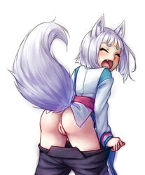 animal_ears anus ass blush canine closed_eyes embarrassed eyebrows fangs female fox_ears fox_girl fox_tail from_behind hair kemonomimi kon_(tokyo_ravens) monorus open_mouth plain_background pussy short_hair silver_hair simple_background solo tokyo_ravens white_background