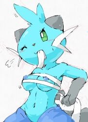 anthro areola blue_areola blush blush_lines bodily_fluids chest_wraps dewott female generation_5_pokemon hi_res mutuki_tokemaru navel nintendo nipples one_eye_closed pokemon pokemon_(species) solo sweat sweatdrop tokemaru wraps