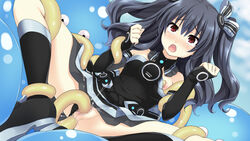 anal bare_shoulders black_hair black_panties blush bow censored double_penetration female hair_ornament hairbow highres neptunia_(series) nipples panties_aside poncho_s rape sex tagme tentacle uni_(neptunia) vaginal_penetration