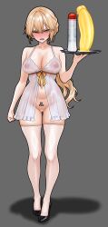 1girls absurd_res angry ass_visible_through_thighs babydoll blonde_hair blush bottomless braid breasts censor_bar censored cleavage clenched_teeth covered_nipples dildo dress girls'_frontline girls'_frontline_2:_exilium golbang69_74 grey_background groza_(girls'_frontline_2) high_heels holding large_breasts long_hair lube lube_bottle navel number number_tattoo ots-14_(girls'_frontline) pussy sex_toy simple_background solo solo_female stomach teeth thighhighs tray white_dress white_thighhighs yellow_eyes