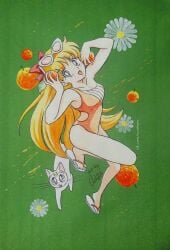1girls adult_swim alluring artemis_(sailor_moon) ash_valery bare_shoulders bishoujo_senshi_sailor_moon bishoujo_senshi_sailor_moon_r bishoujo_senshi_sailor_moon_r_the_movie bishoujo_senshi_sailor_moon_s bishoujo_senshi_sailor_moon_s_the_movie bishoujo_senshi_sailor_moon_supers bishoujo_senshi_sailor_moon_supers_the_movie blonde_hair bow feline flip-flops food fruit green_background high_res long_hair medium_breasts minako_aino one-piece_bikini red_bow sandals sleeveless sunglasses_on_head swimsuit toei_animation toonami very_long_hair white_cat white_fur