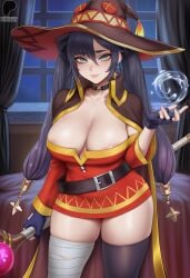1girls ai_generated areolae_peeking blue_eyes blush cleavage dark_purple_hair female fingerless_gloves genshin_impact giant_breasts hair_ornament highres hoyoverse huge_breasts indoors large_breasts light-skinned_female light_skin long_hair looking_at_viewer magic megumin_(cosplay) mona_(genshin_impact) plump posing posing_for_the_viewer primosensei purple_hair purple_hair_female smile smiling smiling_at_viewer solo solo_female staff standing thick_thighs thigh_squish thighs twintails voluptuous voluptuous_female witch_hat