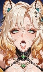 after_rape after_sex ahe_gao ahegao_face ai_generated bitch bukkake cat_ears cum_in_mouth cum_in_tongue cum_on_face cumslut genshin_impact much_cum raped slave slut teslart tongue_out xilonen_(genshin_impact) yellow_hair