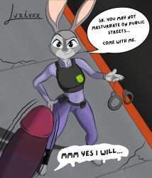 3_toes 5_fingers absurd_res anthro clothed clothing cuff_(restraint) dialogue disney duo english_text eyebrows feet female female_focus fingers fur furry genitals grey_body grey_fur grey_nose hi_res humanoid_genitalia humanoid_penis judy_hopps lagomorph leporid luxivox male mammal outside penis purple_penis rabbit raised_eyebrow restraints signature smile solo_focus text toes zootopia