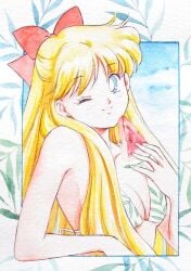1girls adult_swim alluring ash_valery bikini bishoujo_senshi_sailor_moon bishoujo_senshi_sailor_moon_r bishoujo_senshi_sailor_moon_r_the_movie bishoujo_senshi_sailor_moon_s bishoujo_senshi_sailor_moon_s_the_movie bishoujo_senshi_sailor_moon_supers bishoujo_senshi_sailor_moon_supers_the_movie blonde_hair blue_eyes cloud cloudy_sky earrings food fruit jewelry long_hair looking_at_viewer medium_breasts minako_aino one_eye_closed sky swimsuit third-party_edit toei_animation toonami very_long_hair watermelon wink
