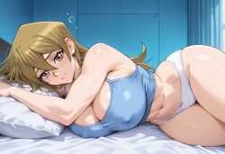 abs ai_generated alexis_rhodes bedhead blonde_hair brown_eyes civitai huge_breasts jakespicer34 large_breasts laying_down long_hair looking_at_viewer pajamas sleepy tenjouin_asuka white_panties wide_hips yu-gi-oh! yu-gi-oh!_gx